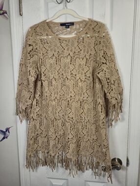 Denim 24/7 12W Cream Lace Tunic Top/Dress Fringe Long Sleeve Boho Dress